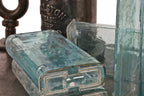 four early 20th century original and intact american antique industrial aqua blue glass exide rural residential thinly-shaped power plant battery jars with acid-spill glass covers