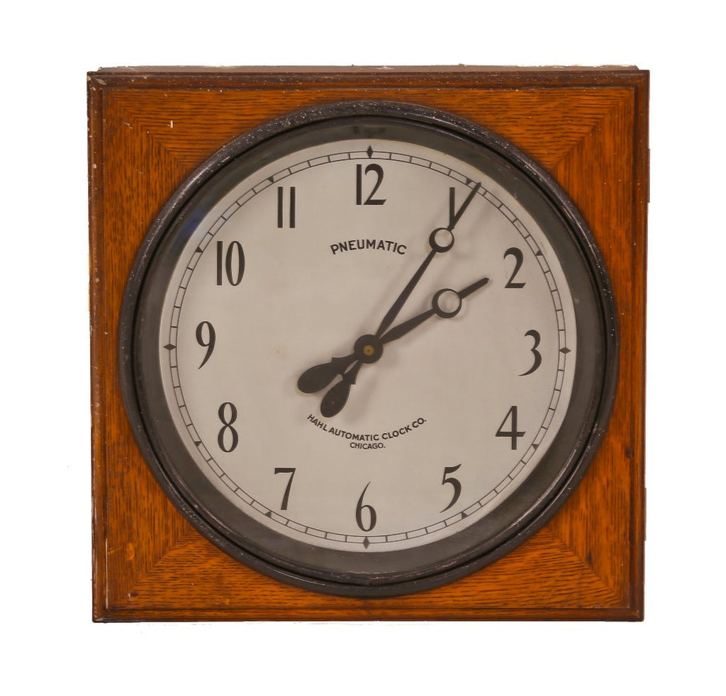 c. 1913-15 original and intact american antique industrial wall-mount chicago twine factory oak wood-cased time recorder "hahl" pneumatic secondary or "slave" clock