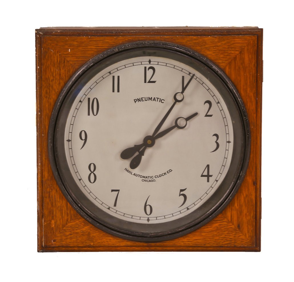 c. 1913-15 original and intact american antique industrial wall-mount chicago twine factory oak wood-cased time recorder "hahl" pneumatic secondary or "slave" clock