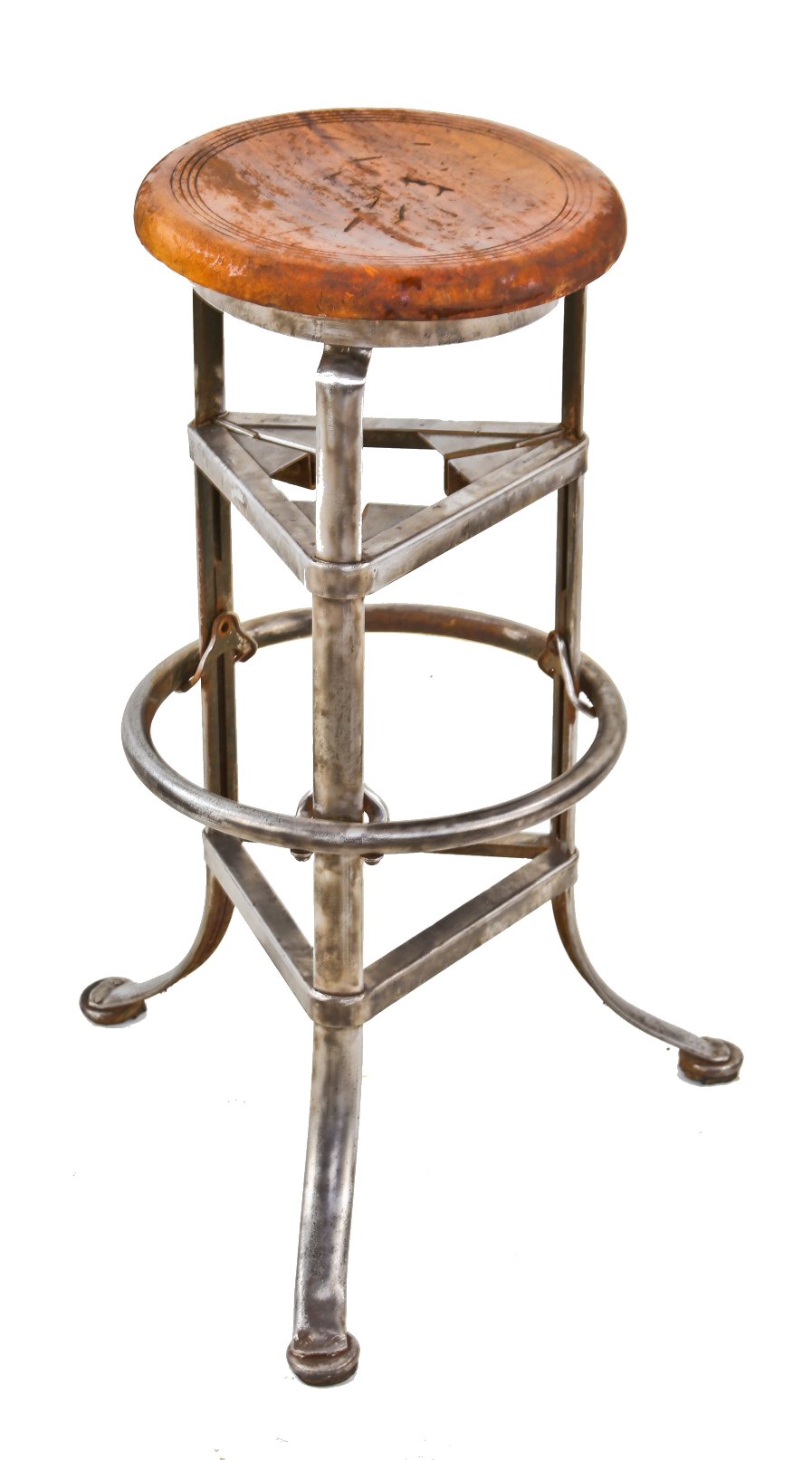 original c. 1930's patented american antique industrial adjustable eight three-legged "rite-hite" pressed and folded steel factory machinist stool with intact solid maple wood seat