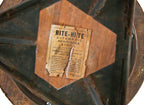 original c. 1930's patented american antique industrial adjustable eight three-legged "rite-hite" pressed and folded steel factory machinist stool with intact solid maple wood seat