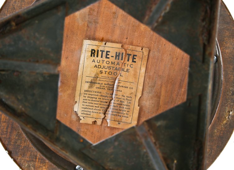 original c. 1930's patented american antique industrial adjustable eight three-legged "rite-hite" pressed and folded steel factory machinist stool with intact solid maple wood seat