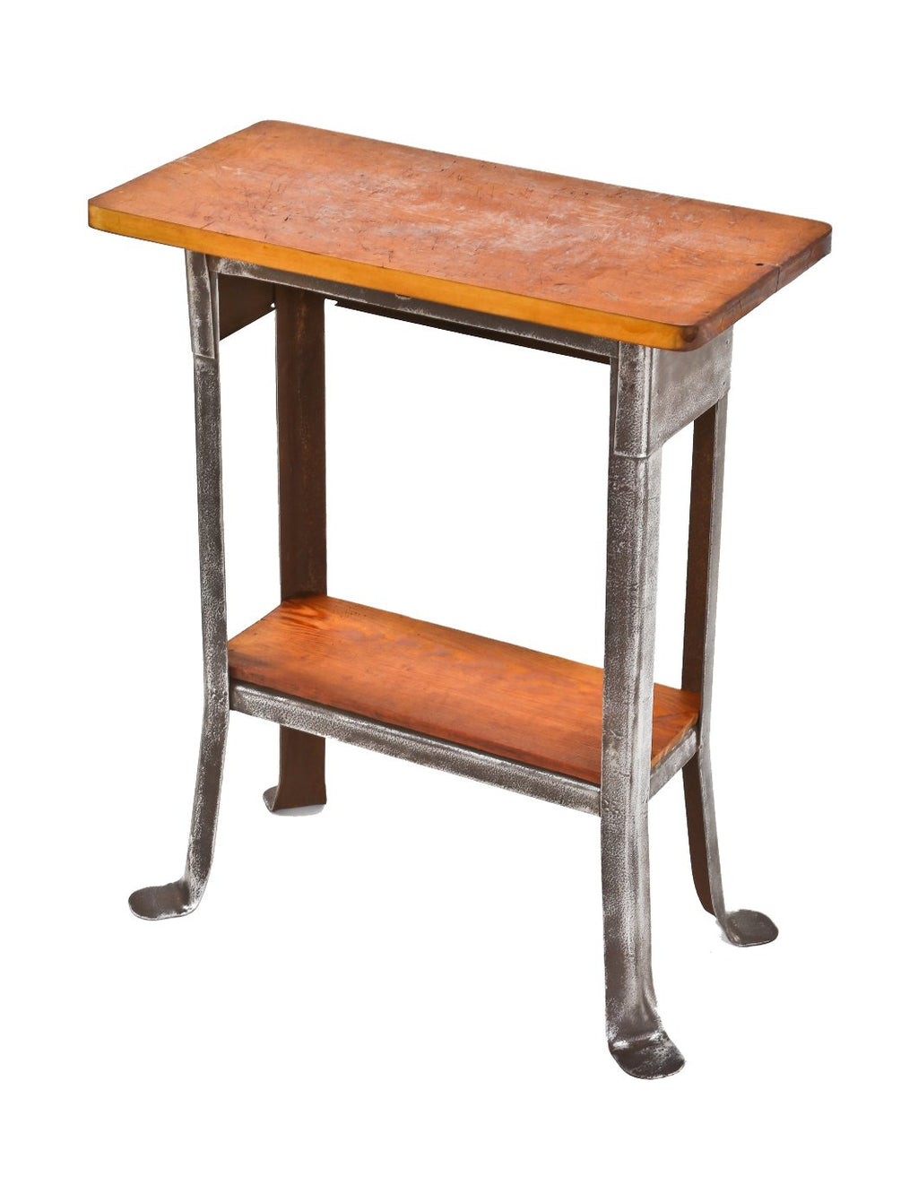 very compact and versatile stationary american industrial two-tier refinished machine shop side table containing a cold rolled steel four-legged base with flared feet