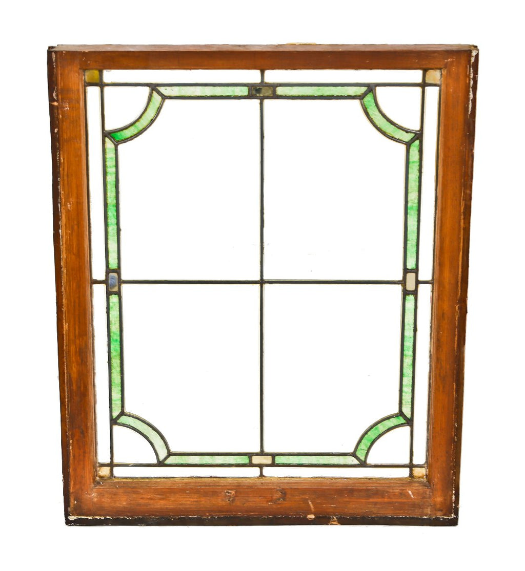 intact chicago bungalow craftsman style leaded art glass hung wood sash window with green slag glass border accentuated of gold leaf sandwich glass