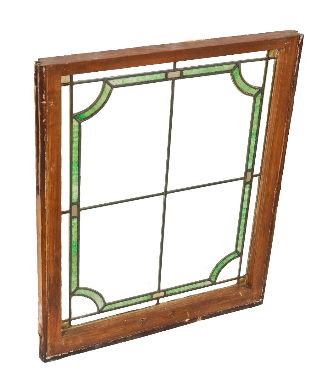 c. 1920-23 original and undamaged american craftsman style interior residential leaded art glass window with varnished pine wood sash frame