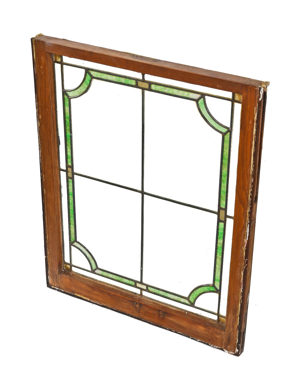 salvaged early 1920's american craftsman style leaded art glass window comprised largely of clear glass panels with green slag glass border