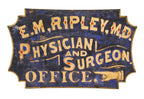 rare 19th century documented single-sided hand-painted american exterior storefront "physician & surgeon" wood hanging trade sign with pointing finger and original gold leaf lettering