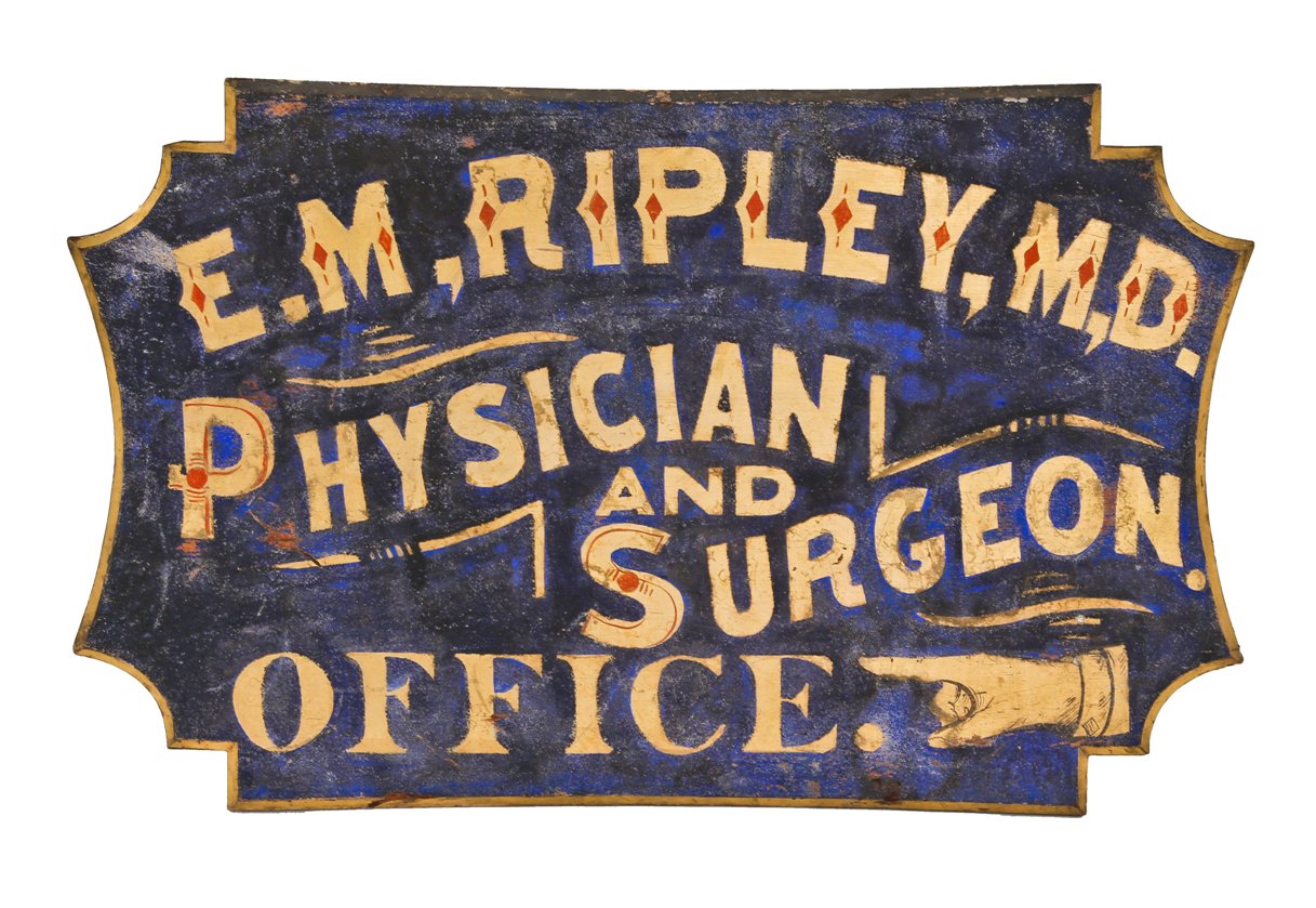 rare 19th century documented single-sided hand-painted american exterior storefront "physician & surgeon" wood hanging trade sign with pointing finger and original gold leaf lettering