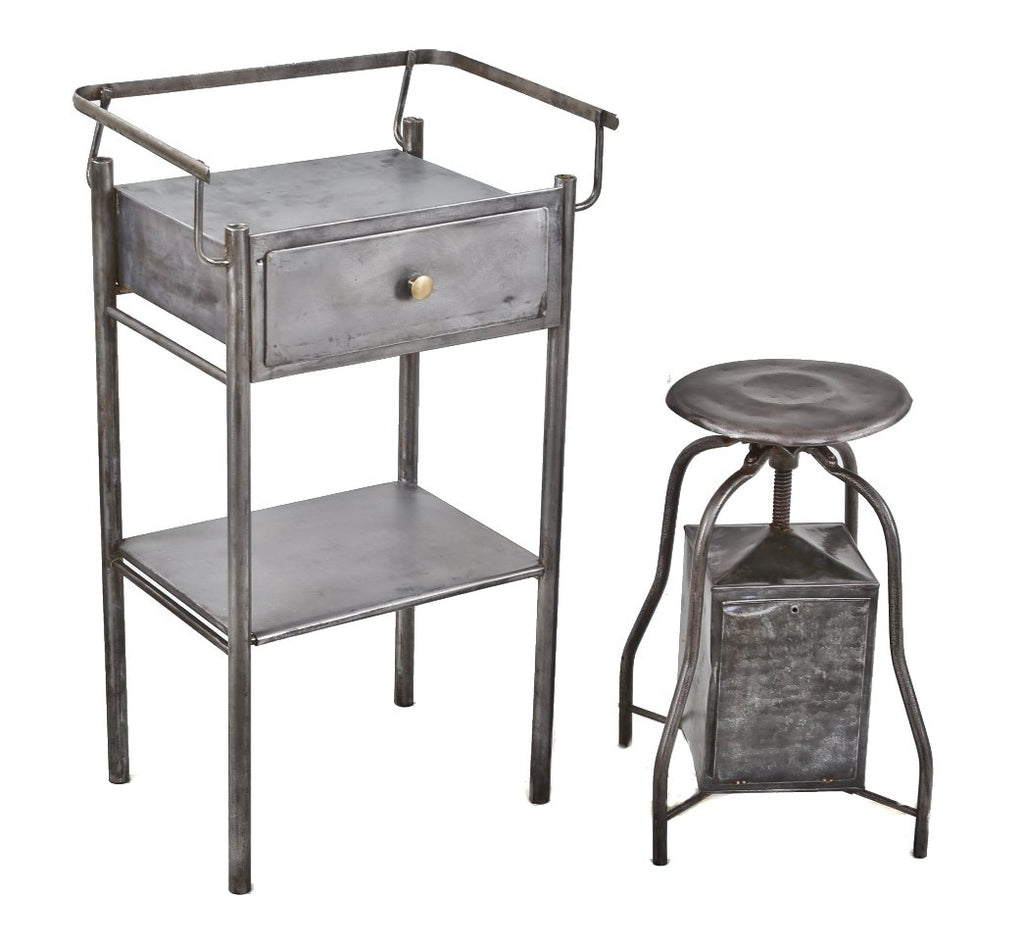 refinished c. 1920's american antique medical brushed metal steel four-legged single drawer hospital operating room side table or work station with three-sided rail guard