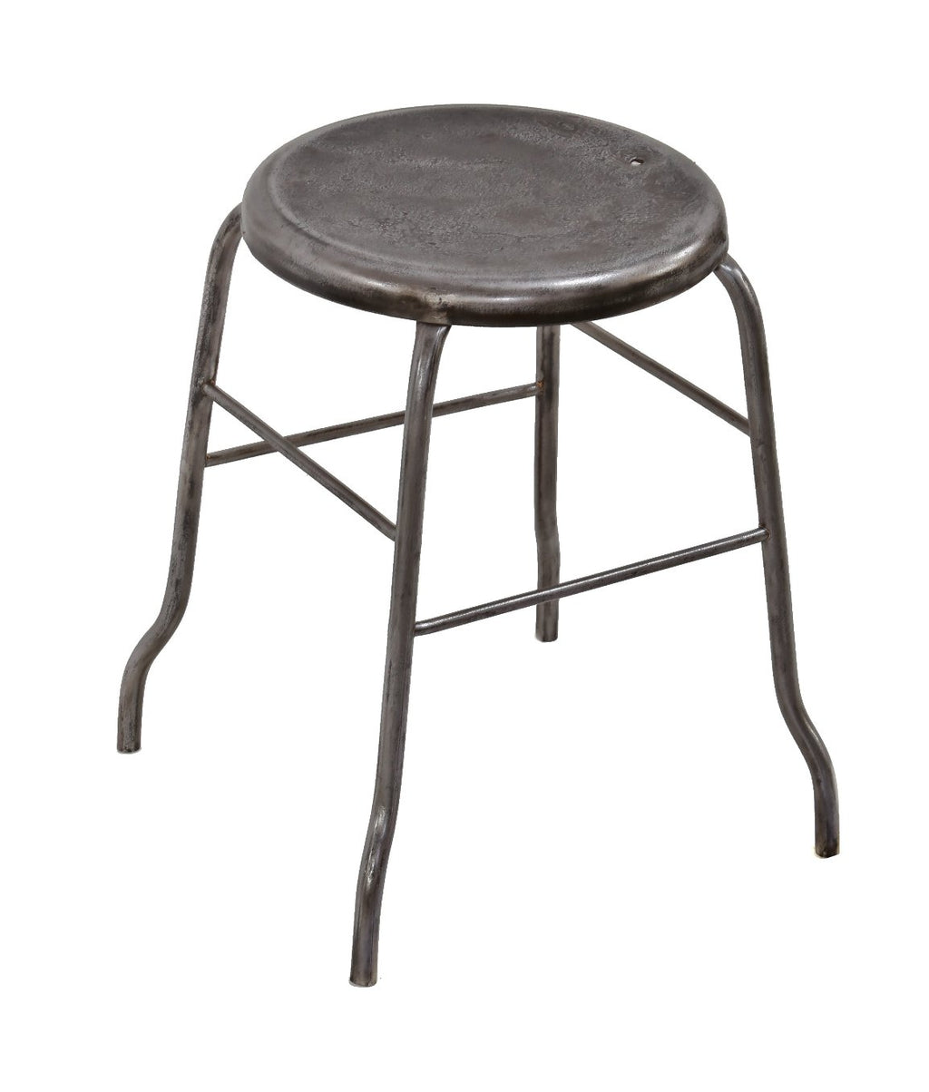 original low-lying c. 1915-20 american antique medical four-legged tubular metal stationary hospital operating room stool with solid steel rod stretchers and pressed and folded seat