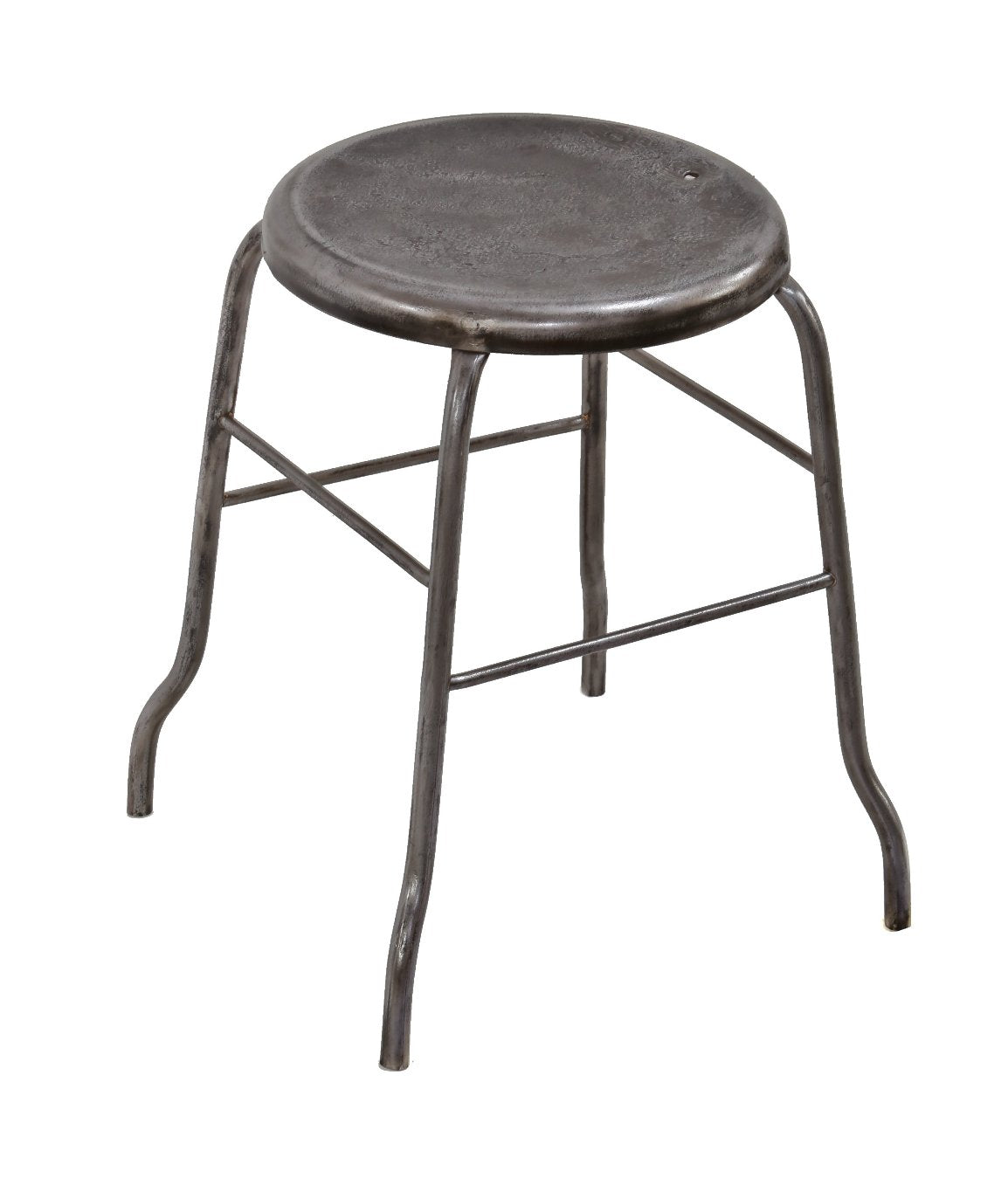 original low-lying c. 1915-20 american antique medical four-legged tubular metal stationary hospital operating room stool with solid steel rod stretchers and pressed and folded seat