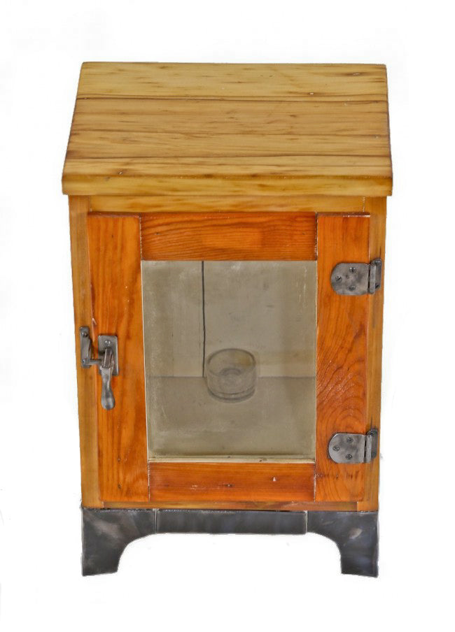 refinished c. 1930's american medical diminutive benchtop sterilizer cabinet with single hinged door and pressed metal base