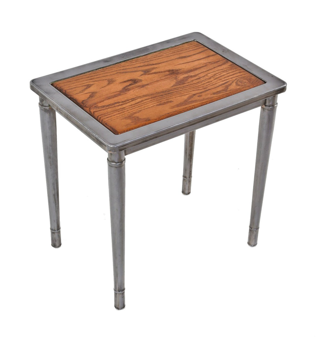 single c. 1930's chicago hospital private patient room pressed and folded refinished steel sitting bench repurposed into a nightstand or side table