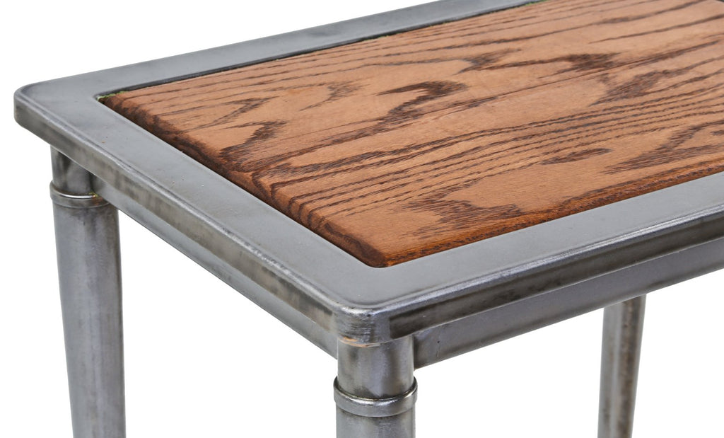 single c. 1930's chicago hospital private patient room pressed and folded refinished steel sitting bench repurposed into a nightstand or side table