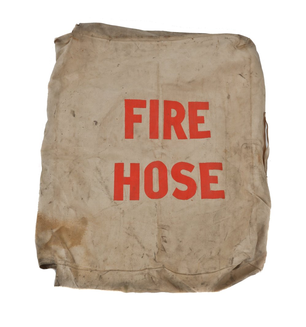 c. 1950's vintage american industrial chicago athletic club building hallway hand-stitched wall-mount firefighter fire hose canvas storage bag with quick release steel buttons