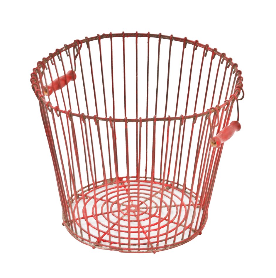 structurally sound multi-purpose american vintage industrial heavy gauge painted red steel wire handheld basket with opposed handles containing turned wood