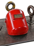 early 1950's original american industrial red painted reinforced fiberglass factory machine shop welding mask with riveted rectangular-shaped intact eye shield
