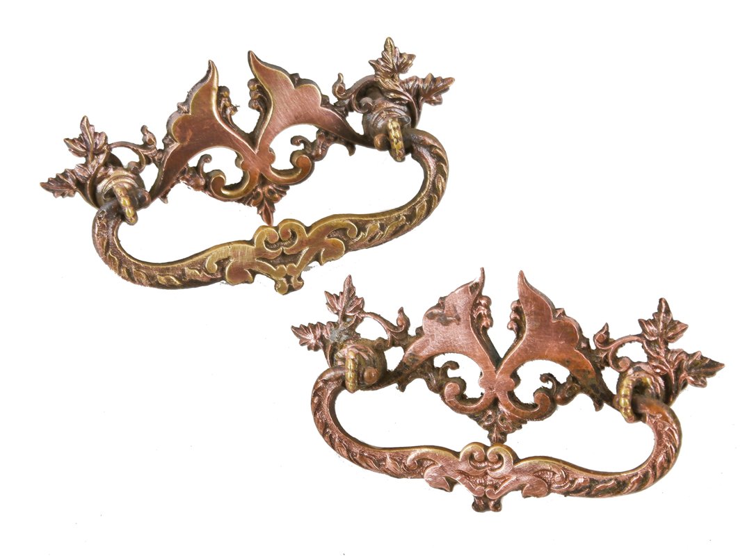 early 20th century american antique ornamental cast brass interior residential built-in cabinet drawer pulls with drop handles and detailed allover leafage