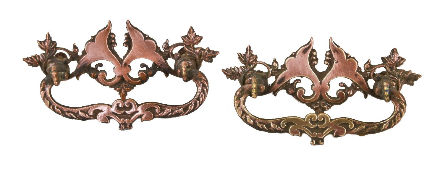 matching pair of original early 20th century interior residential antique american ornamental cast brass sliding drawer flush mount pulls with matching drop handles