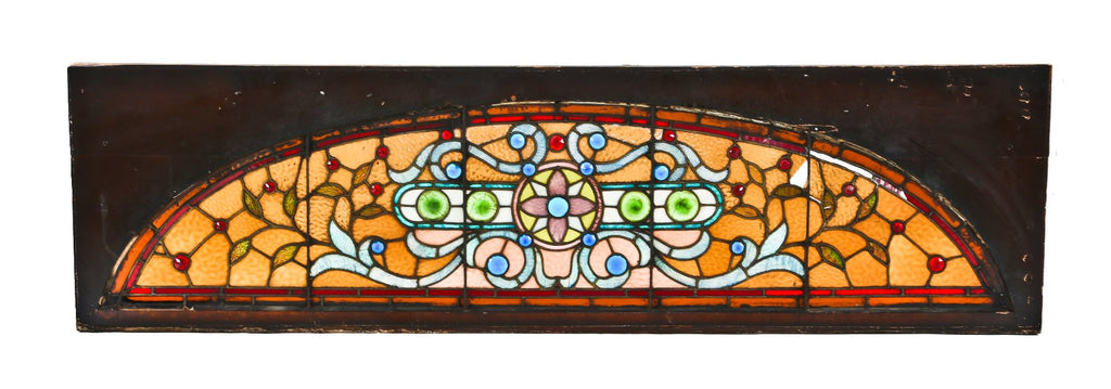 outstanding all original gargantuan c. 1880's largely intact chicago mansion arch top or "eyebrow" stained glass window with several faceted jewels and large rondels