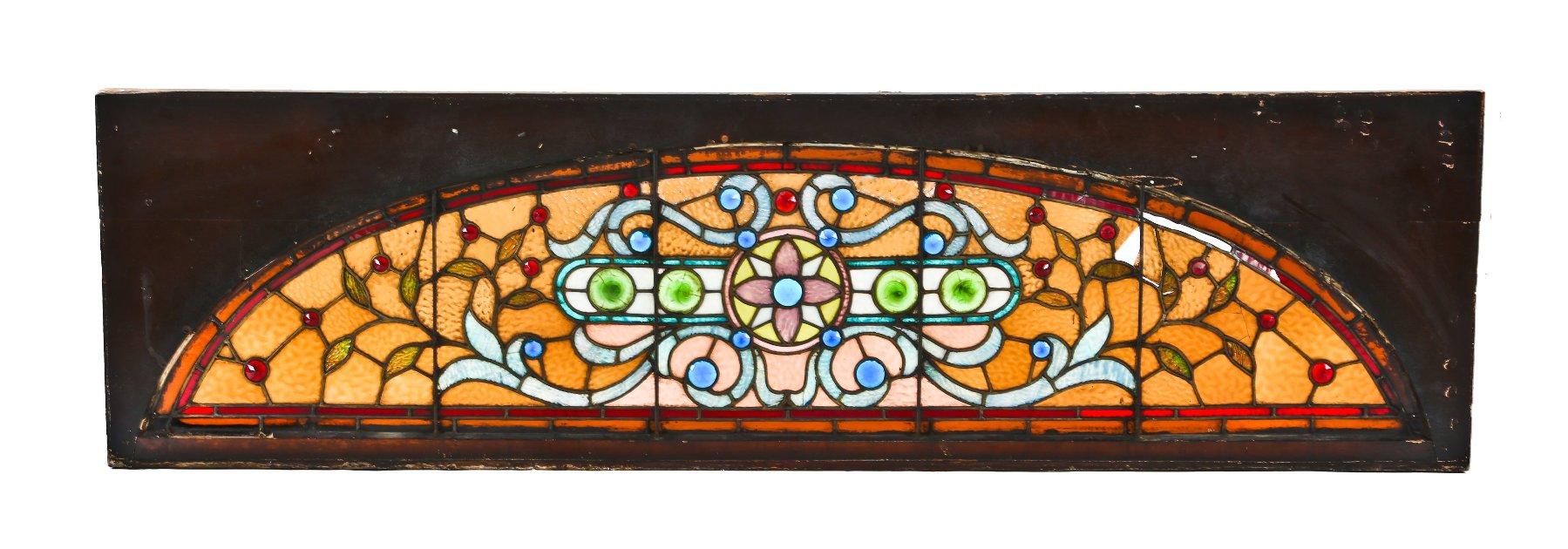 outstanding all original gargantuan c. 1880's largely intact chicago mansion arch top or "eyebrow" stained glass window with several faceted jewels and large rondels