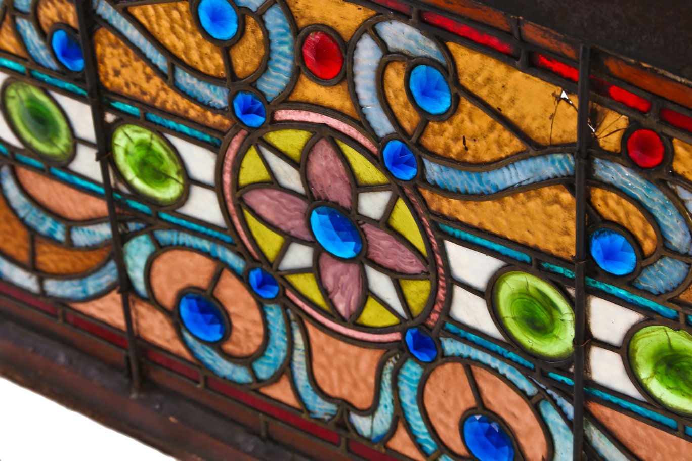 outstanding all original gargantuan c. 1880's largely intact chicago mansion arch top or "eyebrow" stained glass window with several faceted jewels and large rondels