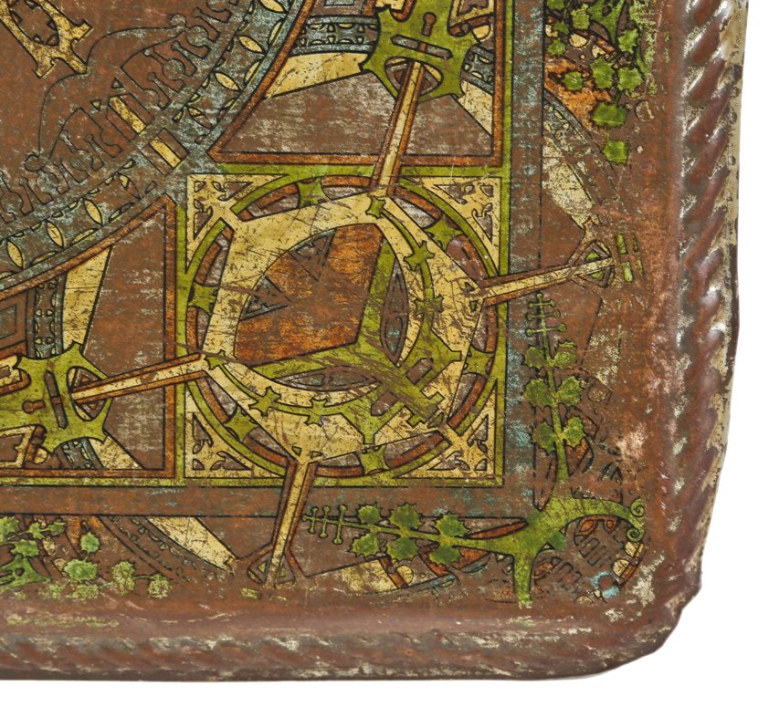 very rare museum quality c. 1920's original louis sullivan-designed polychrome lithographed steel stoveboard with structurally sound wood core