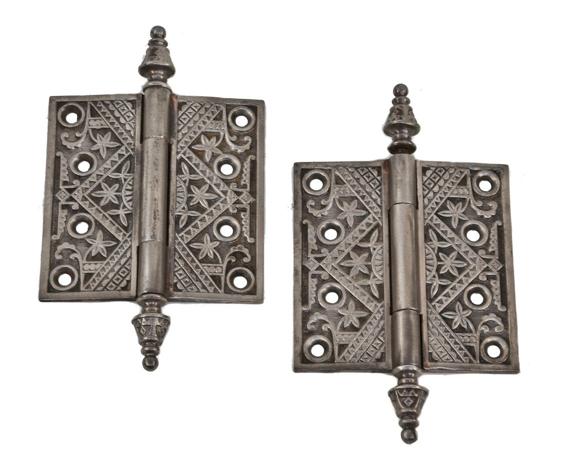 original 19th century antique american ornamental eastlake style cast iron loose pin interior residential door hinges with a brushed bare metal finish