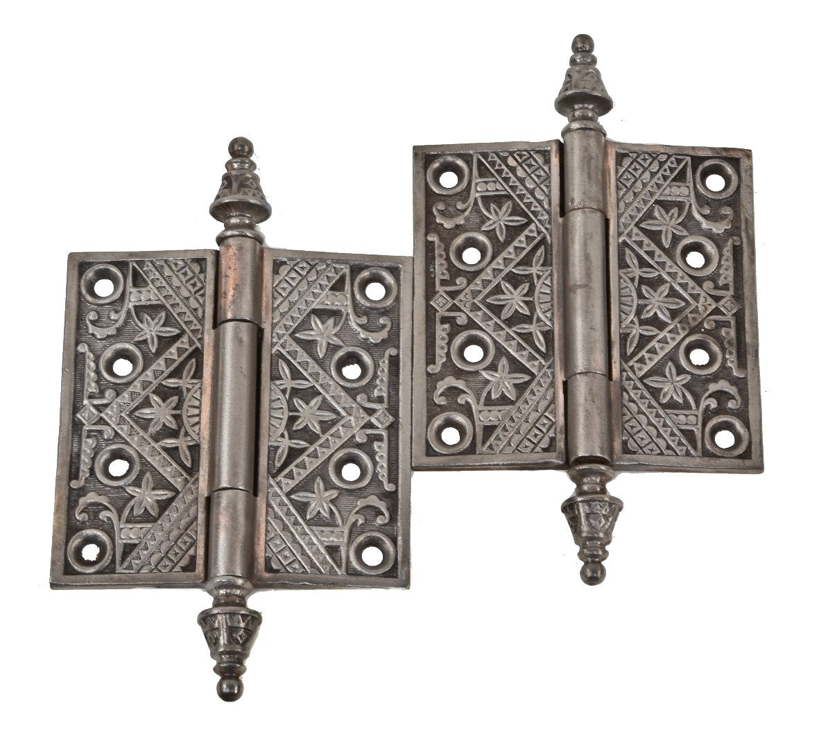 original and fully functional 19th century antique american eastlake style ornamental brushed cast iron interior residential passage door hinges with distinctive decorative finials