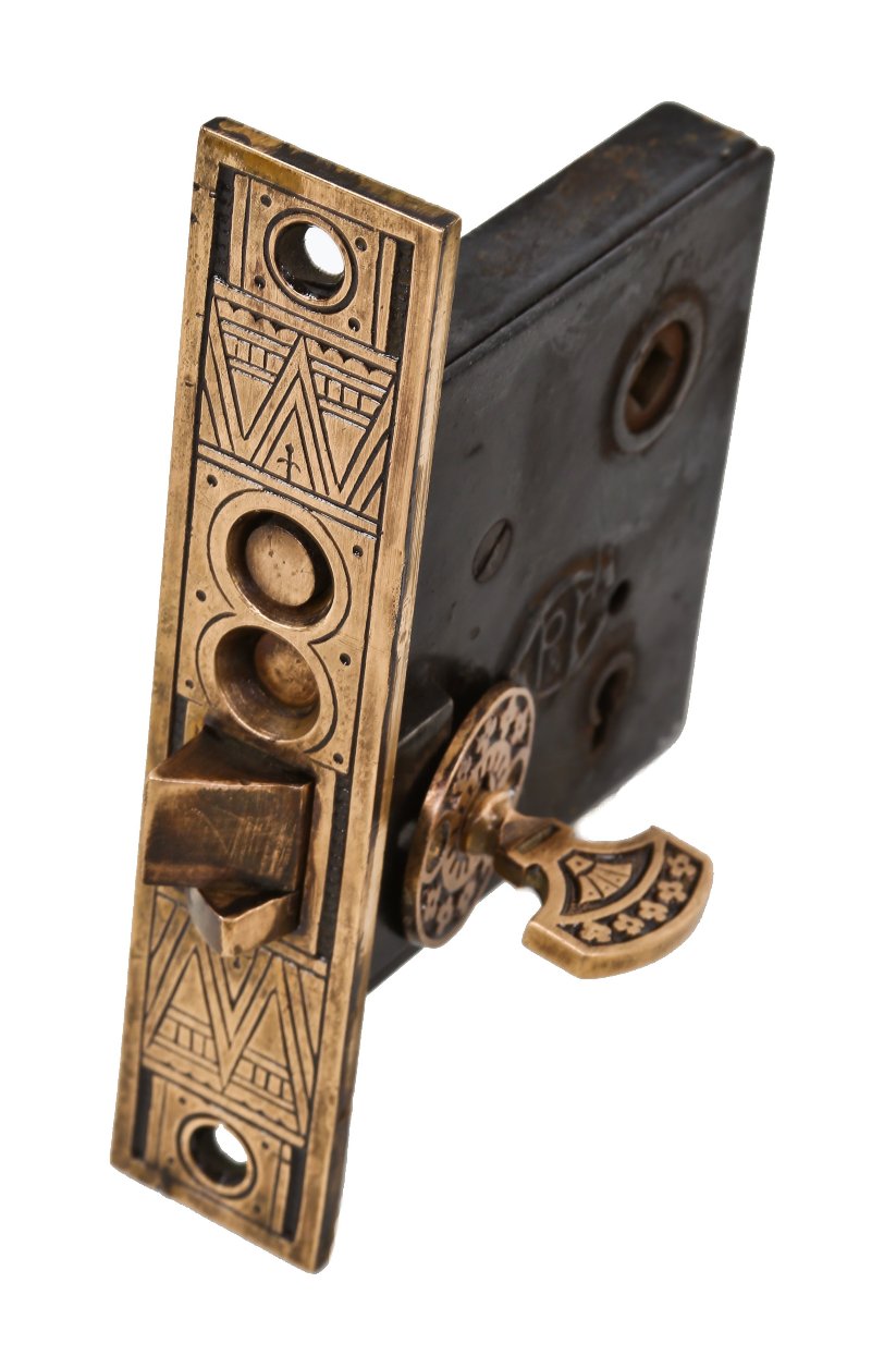 original 19th century antique american eastlake style "crisscross" pattern residential entrance or vestibule door mortise lock with intact thumb twist and matching rosette