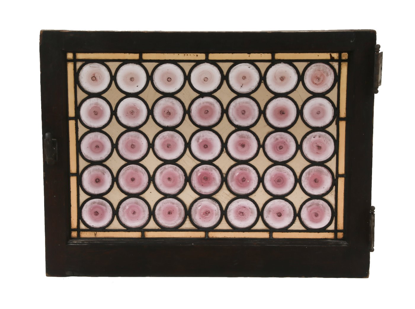 single all original 19th century american victorian era leaded art glass window featuring oversized turned light purple roundels or "bullseyes"