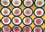 single all original 19th century american victorian era leaded art glass window featuring oversized turned light purple roundels or "bullseyes"