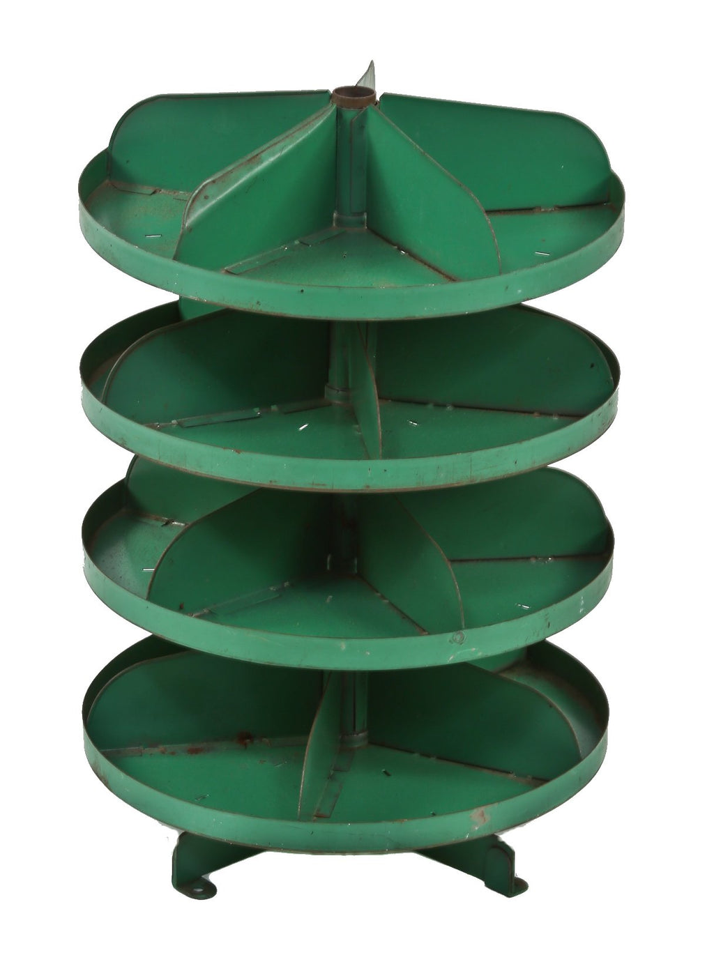 nice-sized original and intact c. 1940's american 4-tier green enameled pressed and folded steel hardware store counter "rotabin" with stationary dividers