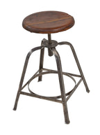 refinished adjustable height c. 1920's american antique industrial four-legged angled steel stool with riveted joint circular stretcher and solid oak wood seat