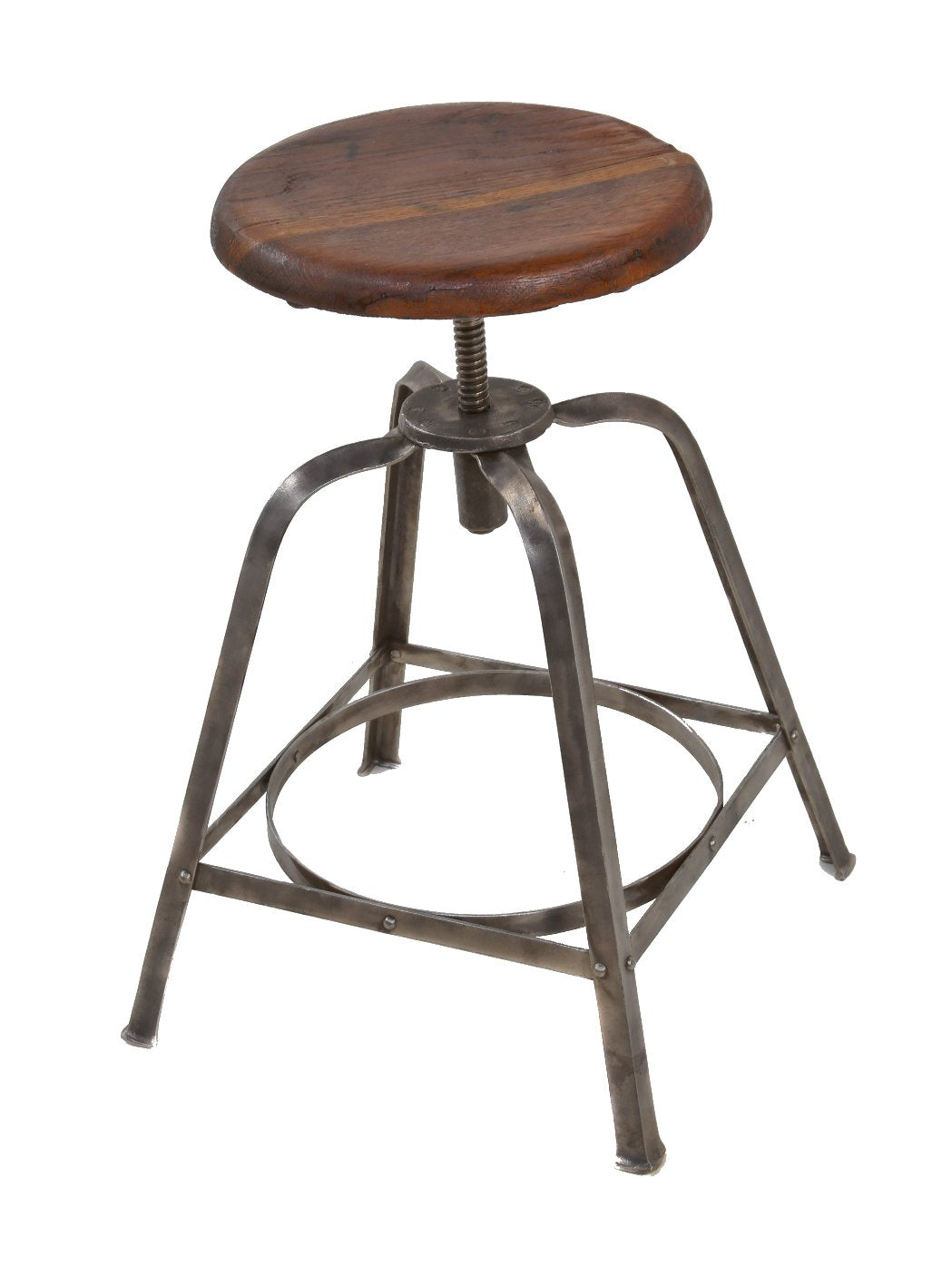 refinished adjustable height c. 1920's american antique industrial four-legged angled steel stool with riveted joint circular stretcher and solid oak wood seat