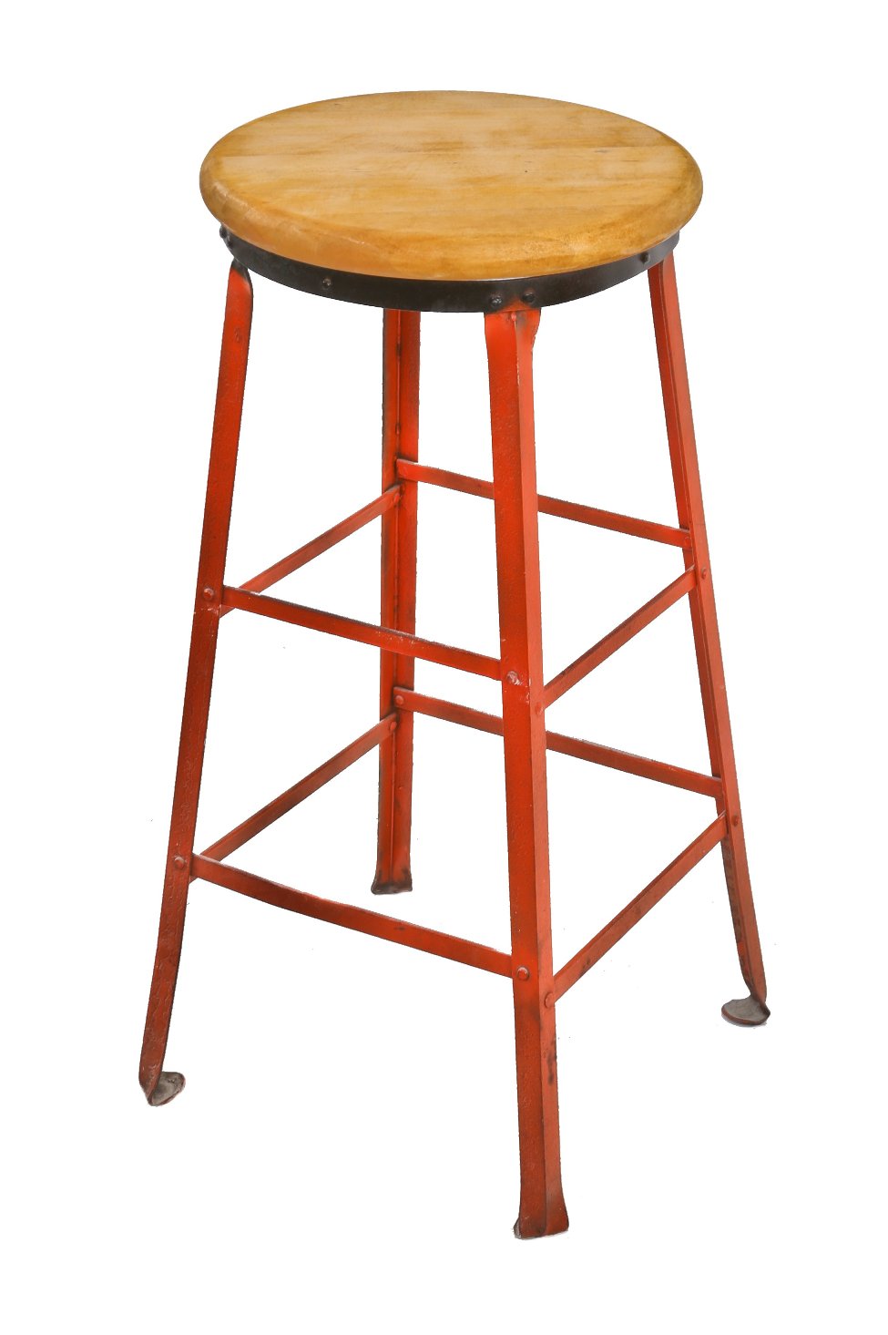 early 1940's original burnt orange enameled riveted joint angled steel factory machine shop four-legged stool with multiple stretchers and a solid maple wood seat