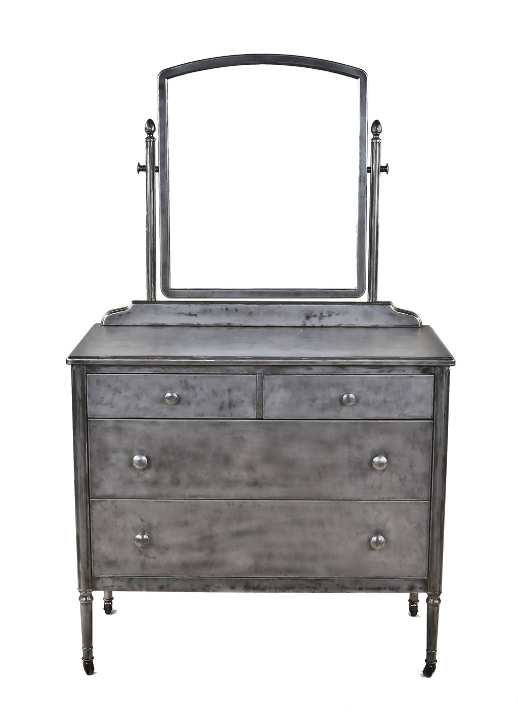 american depression era mobile all-metal hospital private room lowboy dresser with all original drawer pulls and oversized arch top tilting mirror and brushed metal finish