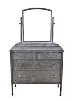 american depression era mobile all-metal hospital private room lowboy dresser with all original drawer pulls and oversized arch top tilting mirror and brushed metal finish