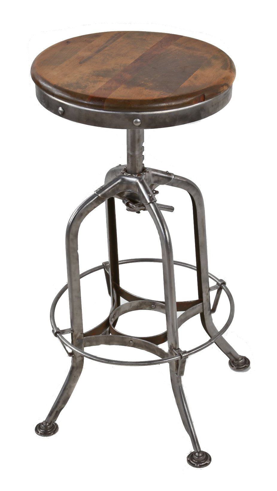 original fully functional american depression era industrial adjustable height "uhl art steel" factory machinist stool with solid maple wood circular seat and footrest