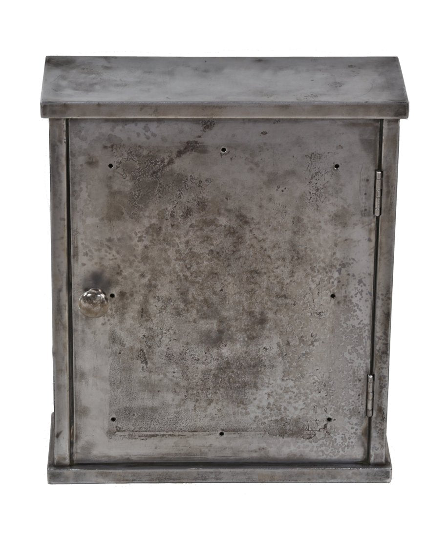 c. 1920's american antique industrial wall-mount diminutive pressed and folded cold-rolled steel factory first aid supply cabinet with a compartmentalized interior