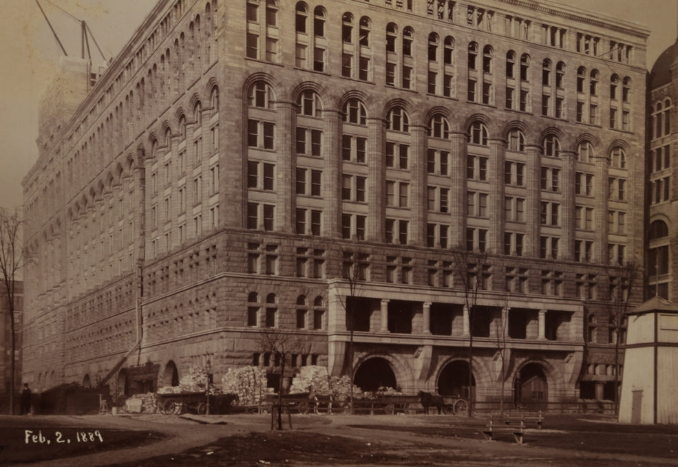 very rare all original signed and dated framed c. 1889 albumen photographic print depicting adler & sullivan's auditorium building during construction of the tower
