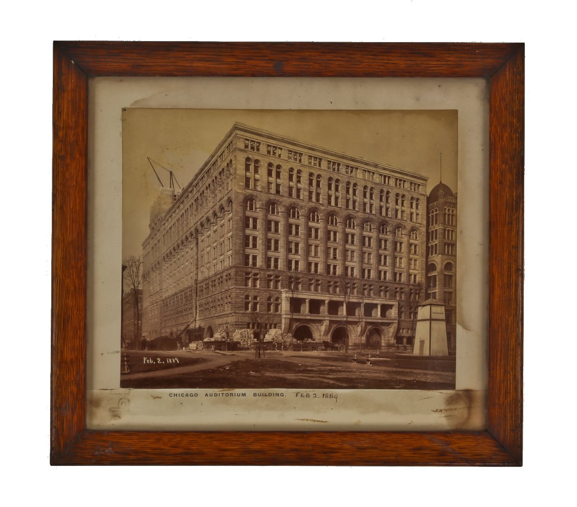 very rare all original signed and dated framed c. 1889 albumen photographic print depicting adler & sullivan's auditorium building during construction of the tower
