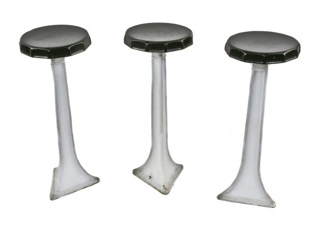 three matching hard to find c. 1920's american art deco style heavy cast iron soda fountain freestanding bar stools with original black and white porcelain enameled finish