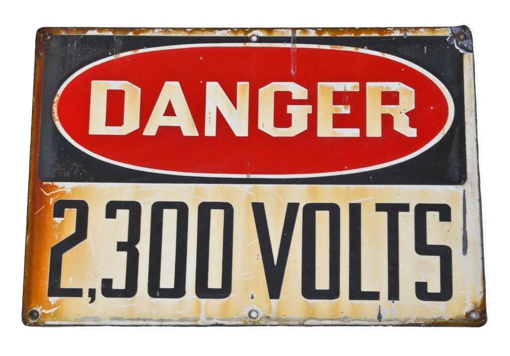 hard to find early c. 1918-20 original single-sided american industrial stonehouse porcelain enameled steel factory "2,300 volts" danger sign