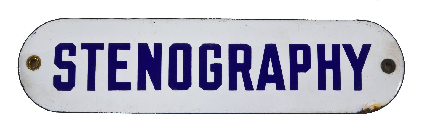 original new old stock c. 1930's american industrial single-sided cold-rolled steel "stenography" door or wall sign with intact grommets and cobalt blue lettering