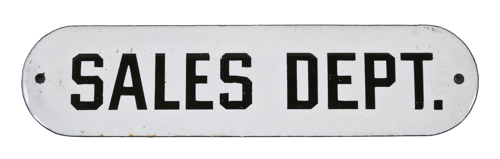single-sided all original and intact "new old stock" c. 1930's white porcelain enameled "sales dept." flush mount informational sign with bold black lettering