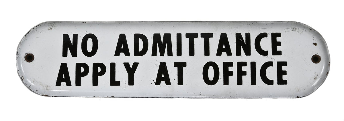 american depression era c. 1930's single-sided white porcelain enameled "apply at office" flush mount wall or door informational sign with black lettering