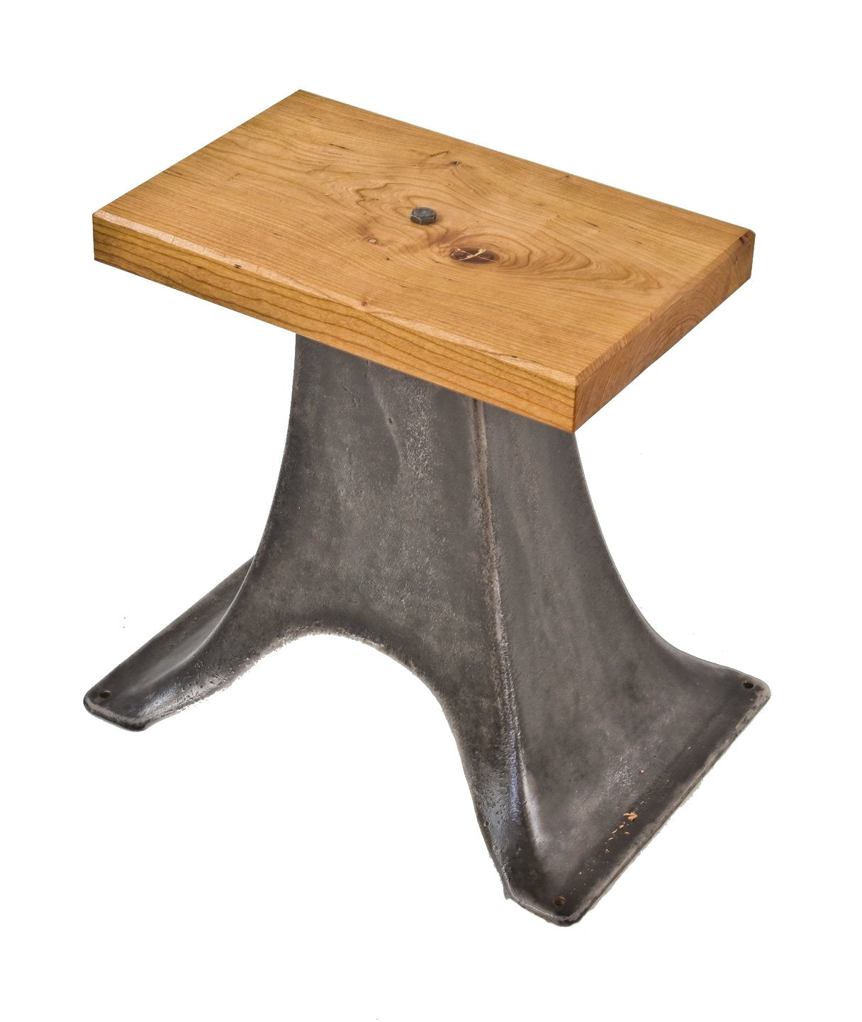 cleaned and refinish antique american industrial repurposed cast iron lathe base side table or nightstand with newly added solid cherry wood tabletop