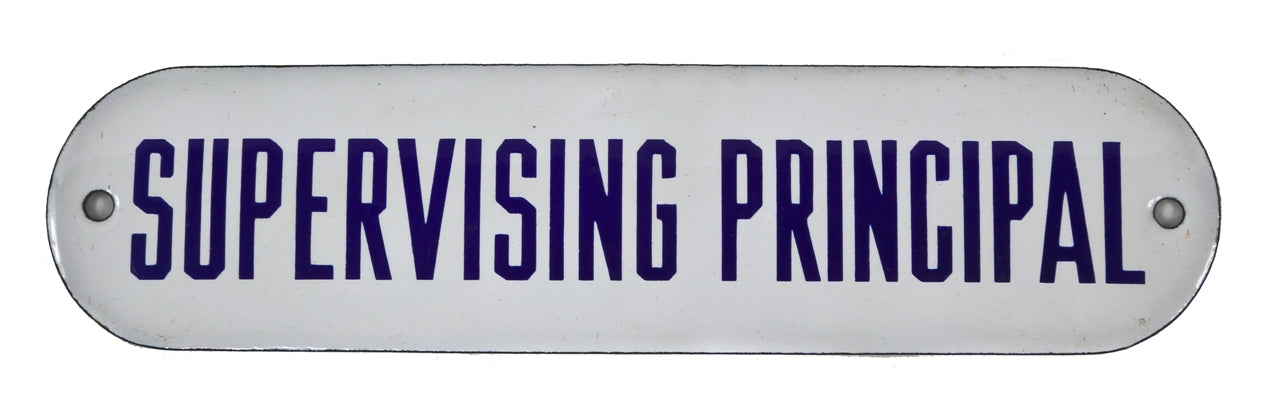 "new old stock" single-sided c. 1930's cold-rolled steel porcelain or vitreous enameled "supervising principal" single-sided office door sign with cobalt blue lettering