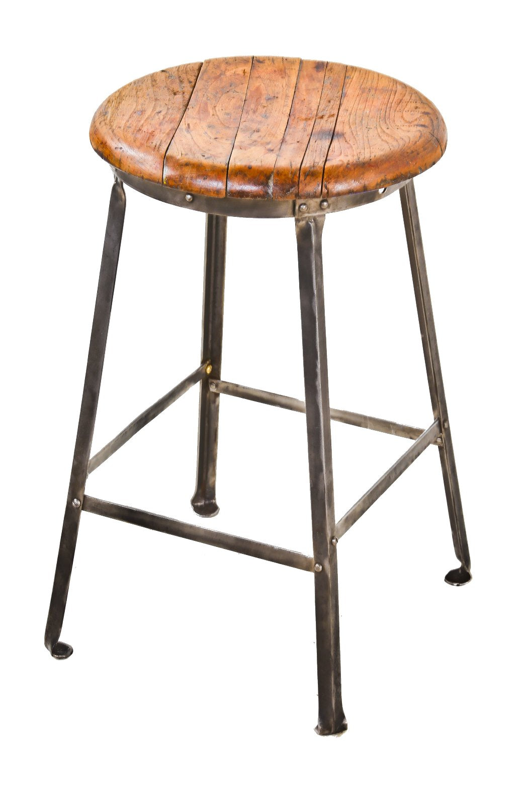 all-riveted joint refinished four-legged c. 1920's antique american industrial stationary backless factory machinist stool with original signed oak wood seat